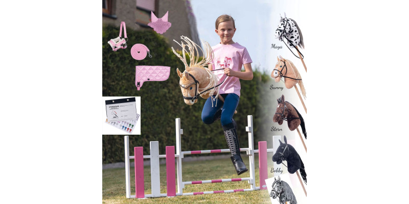 Hobby Horse Steckenpferd +Trense Zügel + Halfter Set + Fliegenhaube + Decke und Pferdepass