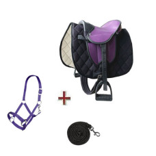 Set Holzpferde Sattel+ Halfter mit Strick  bis 145 cm Bauchumfang LILA